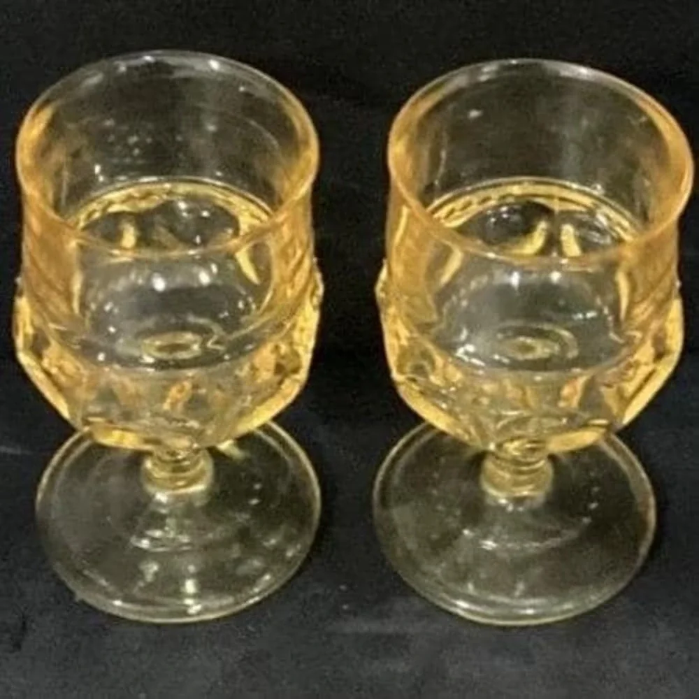 Indiana Glass Kings Crown Thumbprint Goblets, Set of 2, Vintage Yellow Stemware